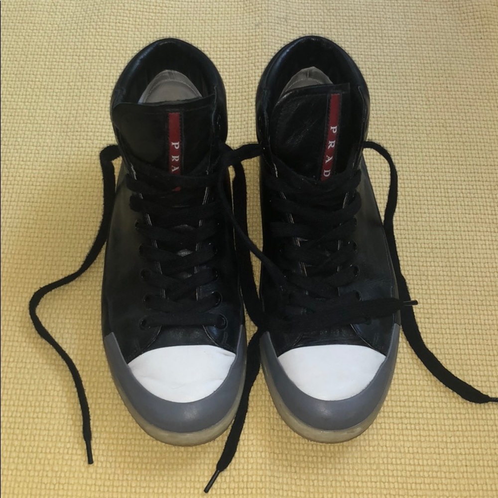 Black Prada leather high top sneakers